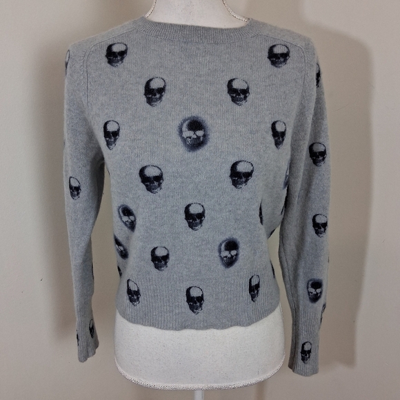 Skull Cashmere Taliah print 100% Cashmere Crewneck Grey Sweater Size XS - Picture 7 of 8